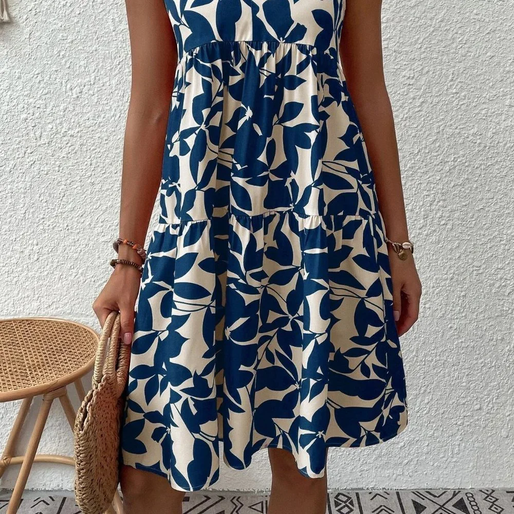 White & Blue Preppy Womens Allover Plant Print Notch Neck Ruffle Hem Dress - Picture 4 of 5